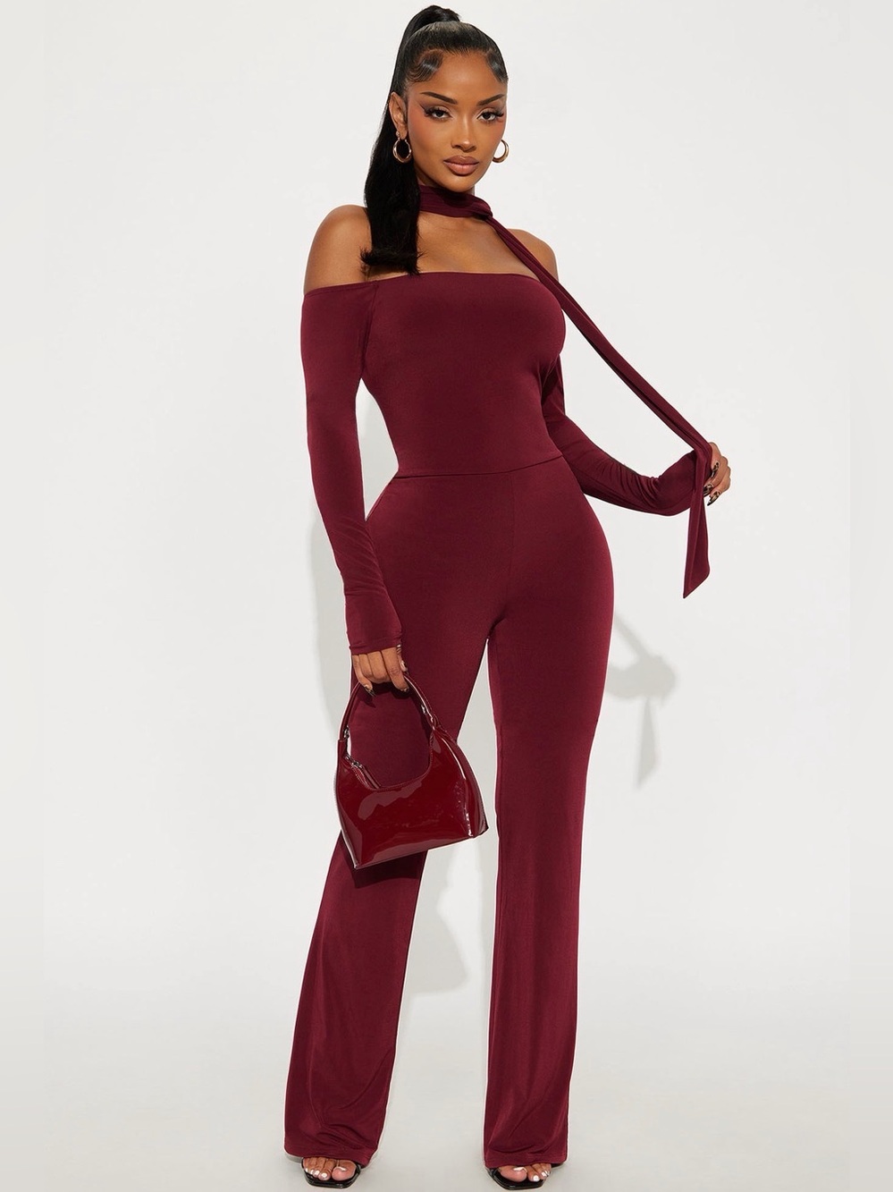 Off-Shoulder Burgundy Jumpsuit with Scarf Detail XL